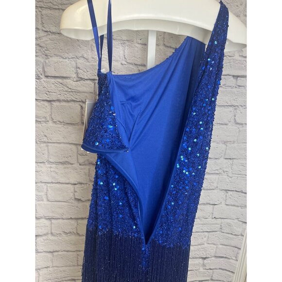 Mac Duggal Sequined Mini Dress NEW Cobalt Blue One Shoulder Fringe Hem Size 6 - Picture 7 of 13